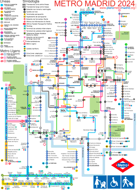 mapa metro Madrid esquemático 2024, con todas las lineas de metro, version para personas con discapacidad motora en sillas de ruedas